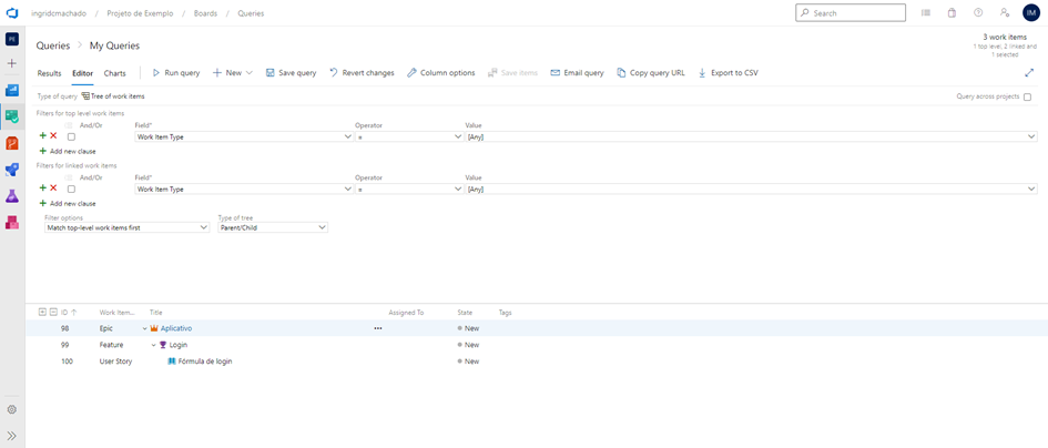 Tela com o resultado da query